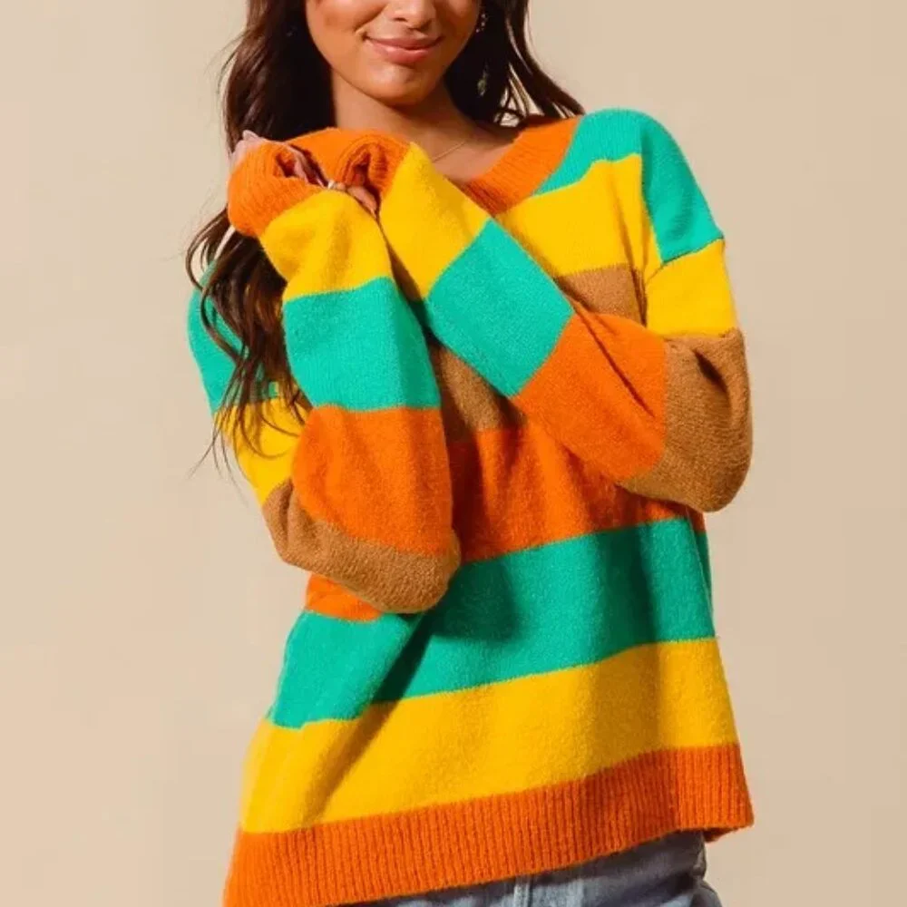 SO ME Multi‎ Color Stripe Sweater with Ribbed Detail
